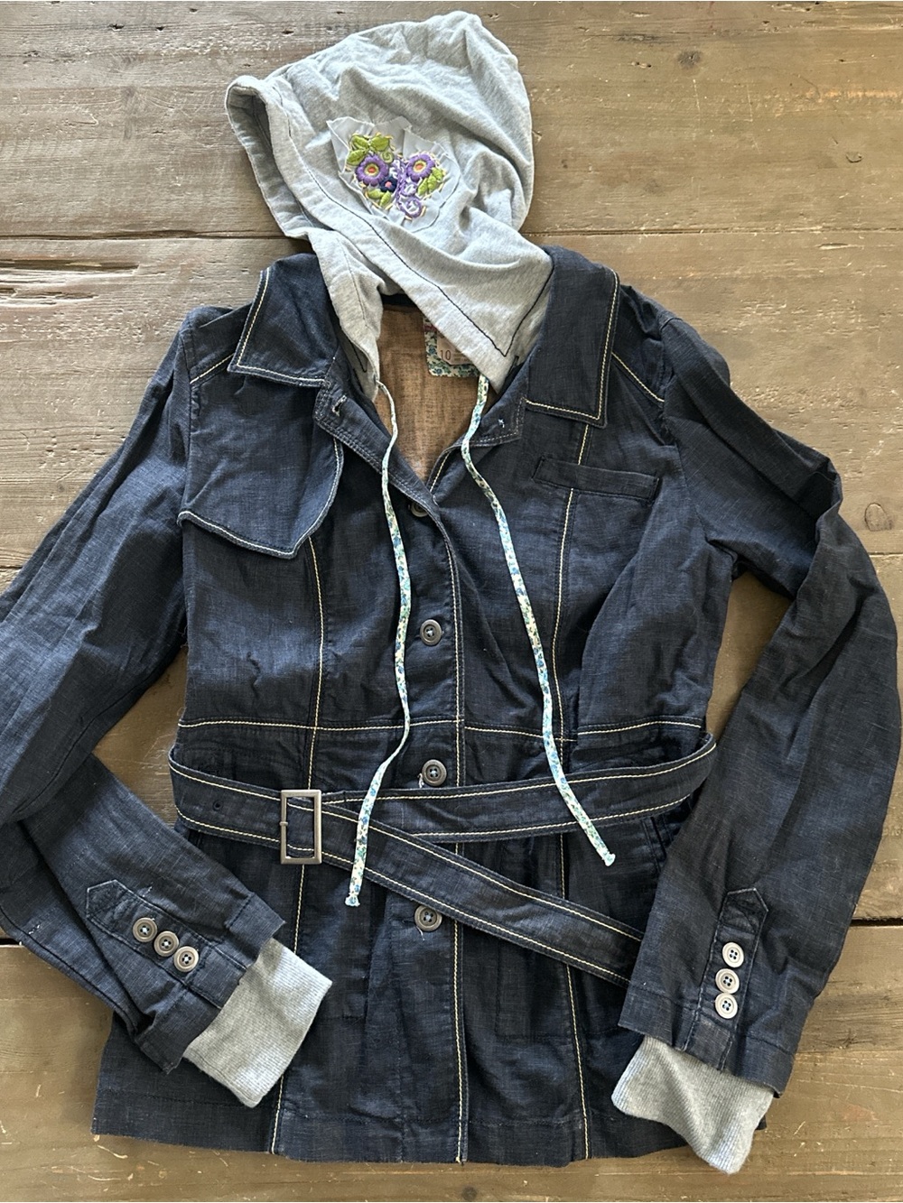 Free People Dark Denim Trench Jacket with Gray Hood